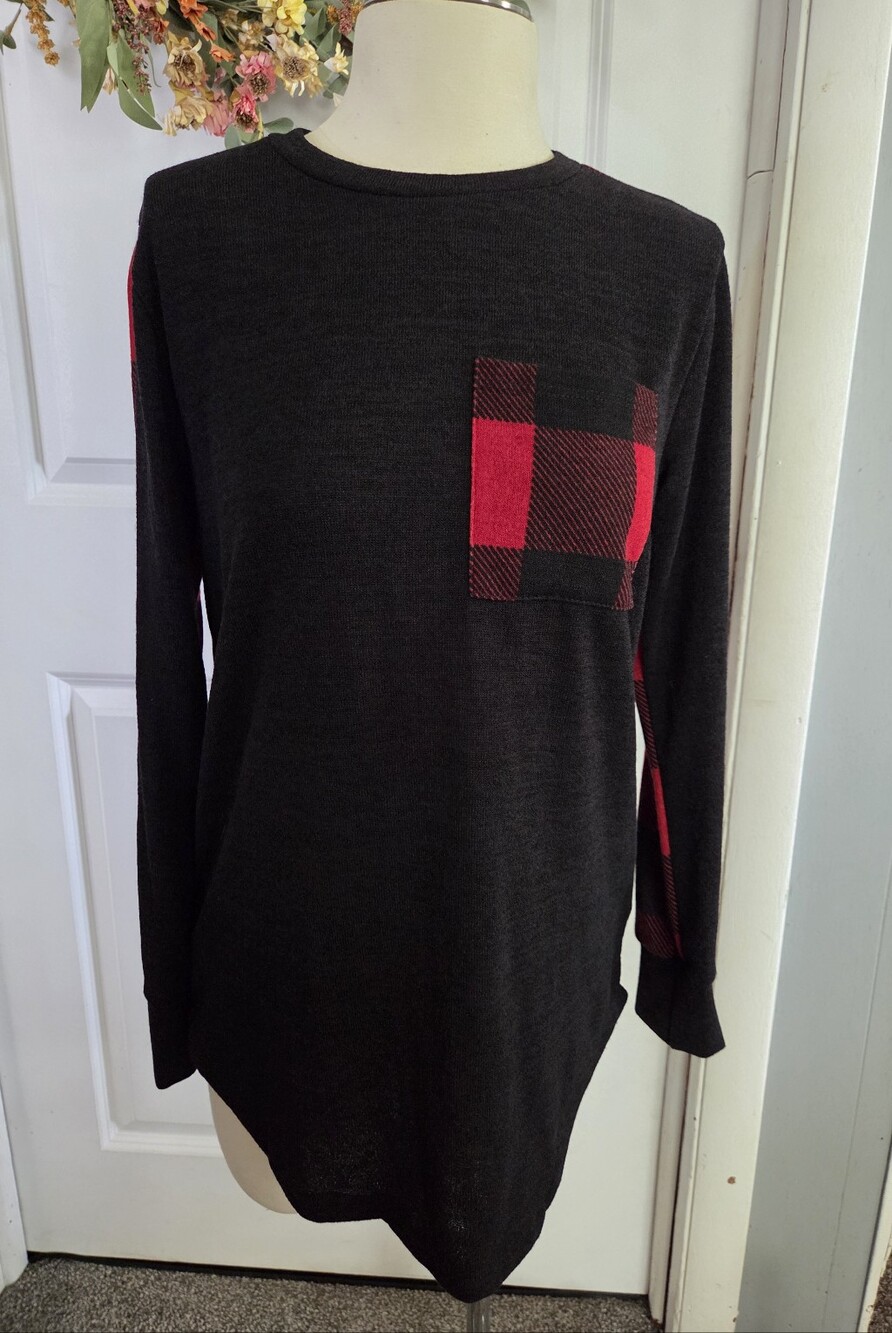 Black Long-Sleeve Tunic with Red Plaid Pocket